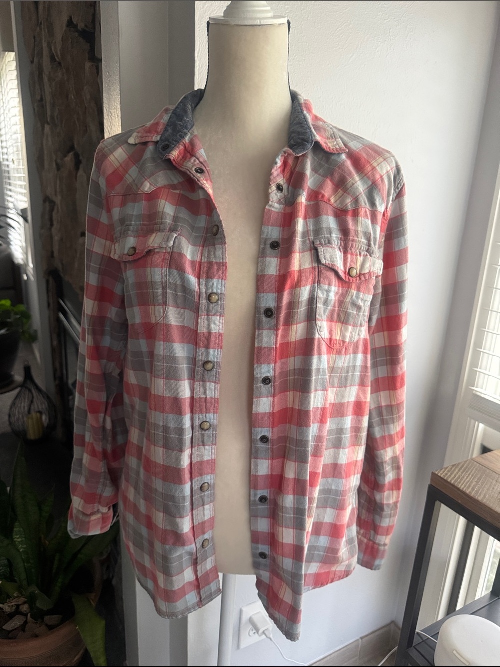 Women's Coral and Gray Plaid Button-Down Shirt